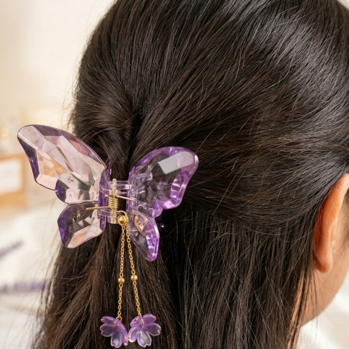 AH45_Purple Dangling Charms Crystal Butterfly Clip