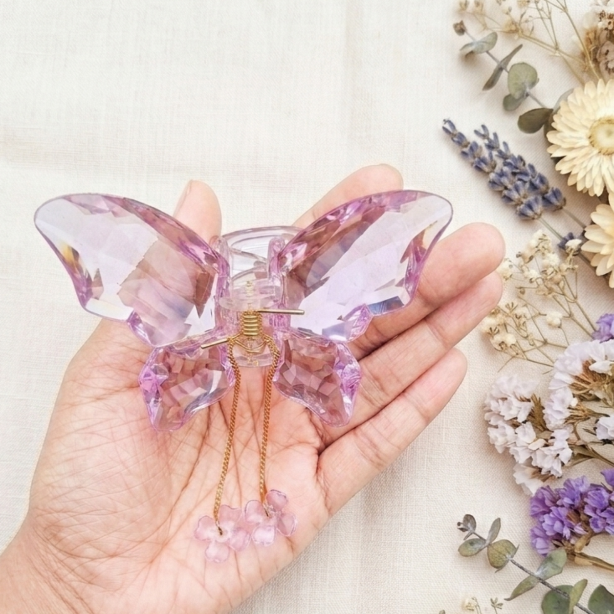 AH45_Pink Dangling Charms Crystal Butterfly Clip