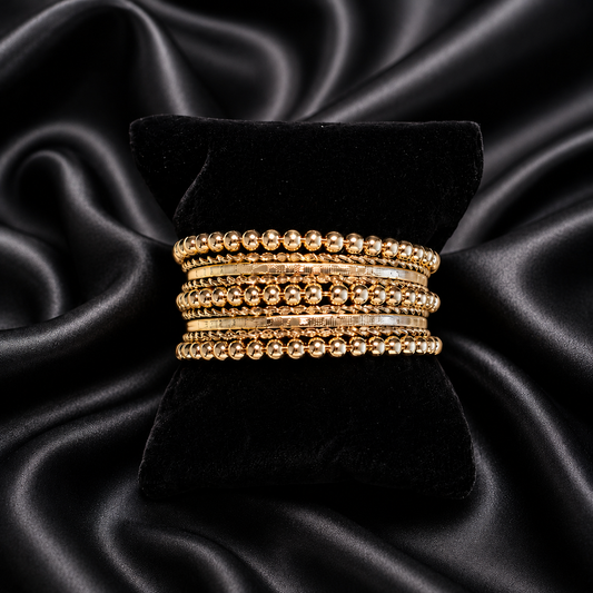 KB85_Mixed Beaded-Texture Stacked Gold Bangle