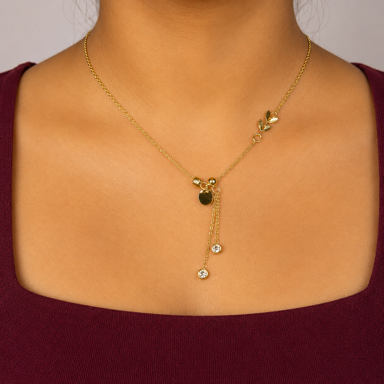 NL57_Asymmetric Laurel Leaf Tassel Lariat chain