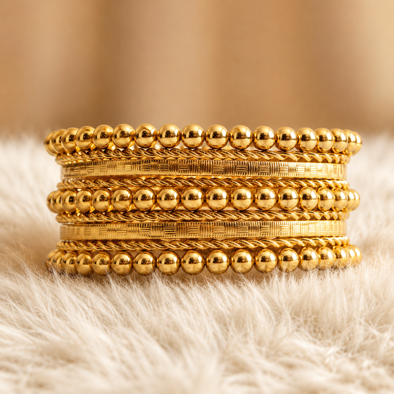 KB85_Mixed Beaded-Texture Stacked Gold Bangle