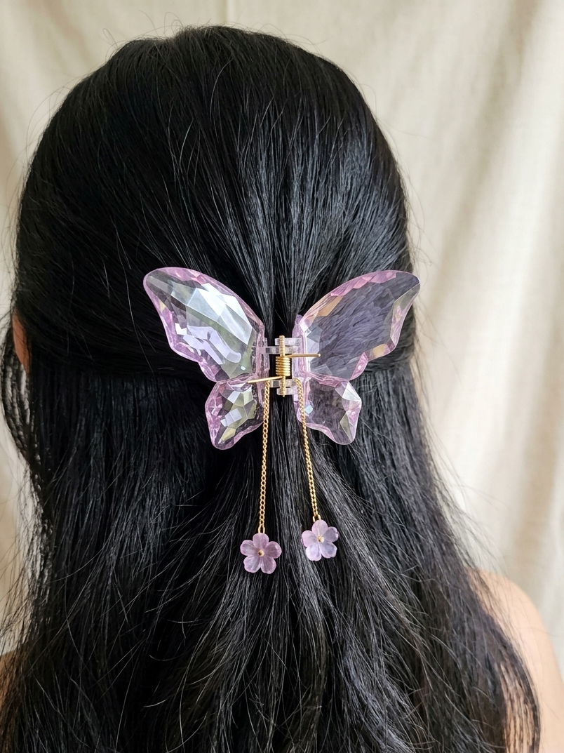 Pink Dangling Charms Crystal Butterfly Clip
