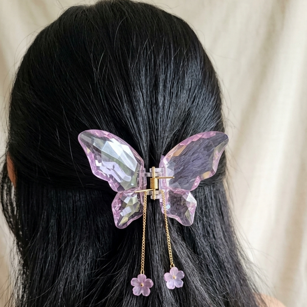 AH45_Pink Dangling Charms Crystal Butterfly Clip