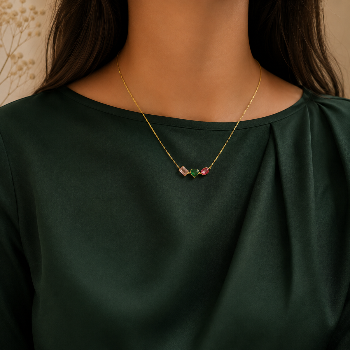 NL130_Tri-Gem Geometric Cluster Pendant Chain